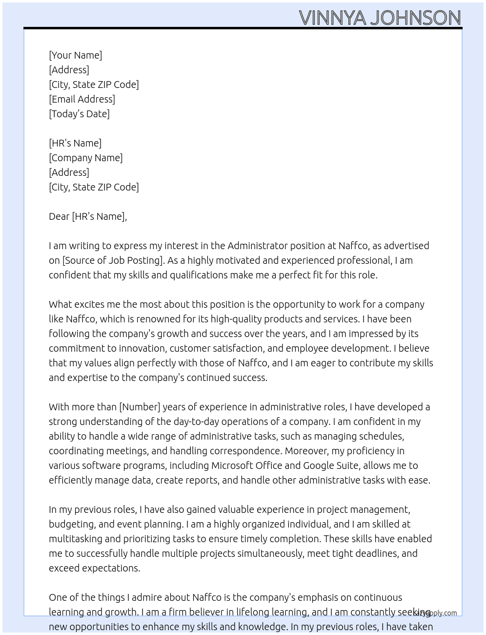administrator At naffco Cover Letter