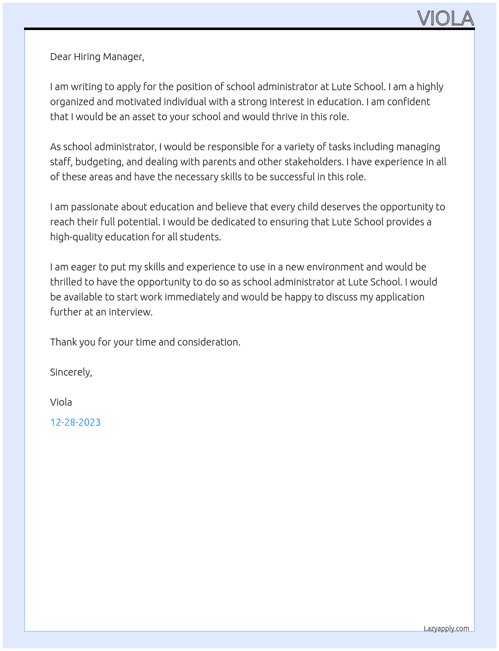 School administrator  At Lute School Cover Letter