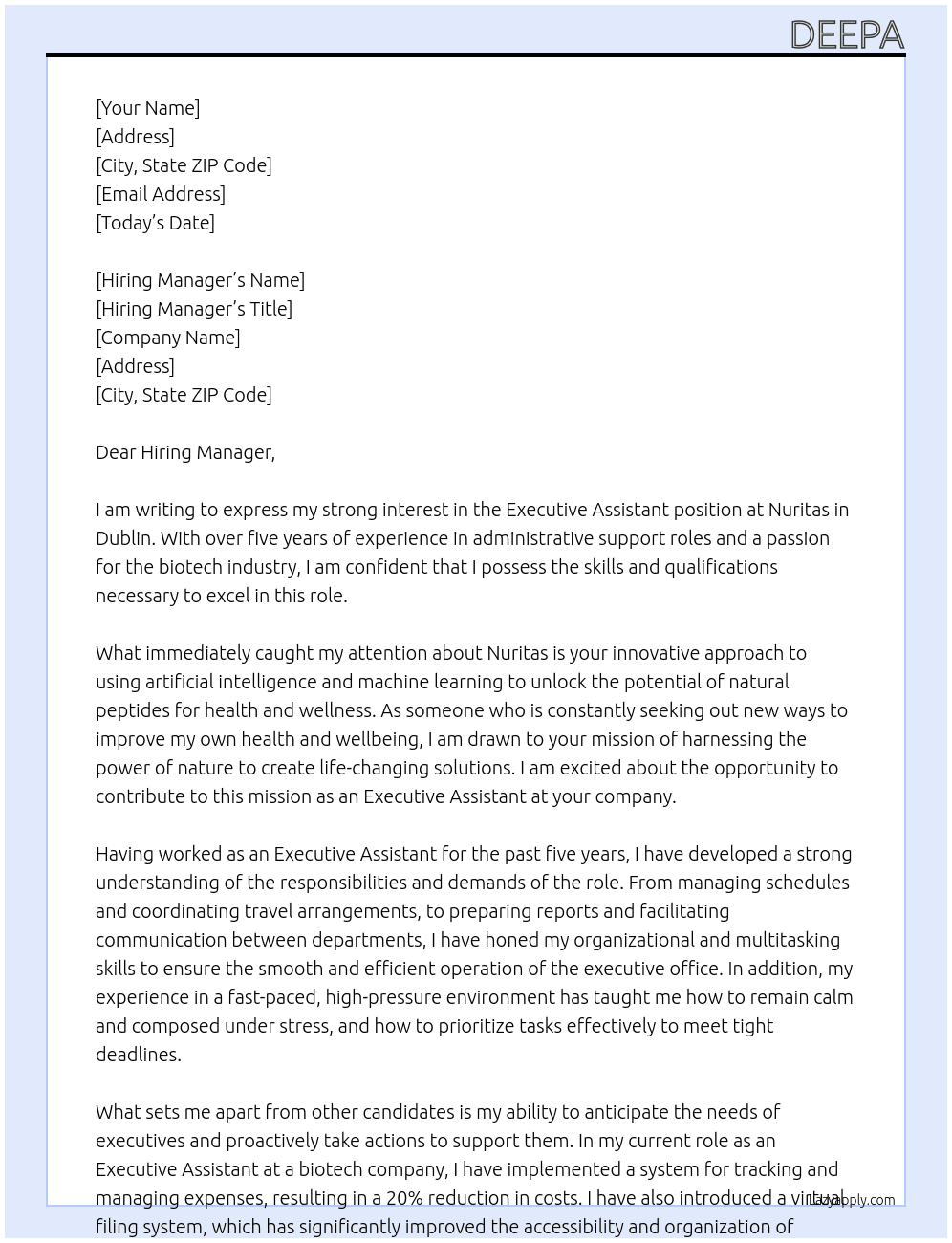Executive Assistant At Nuritas, Dublin Cover Letter
