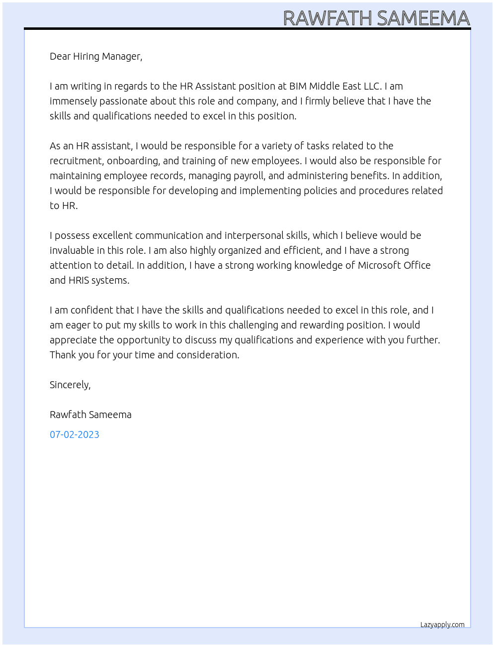HR Assistant  At BIM Middle East LLC Cover Letter