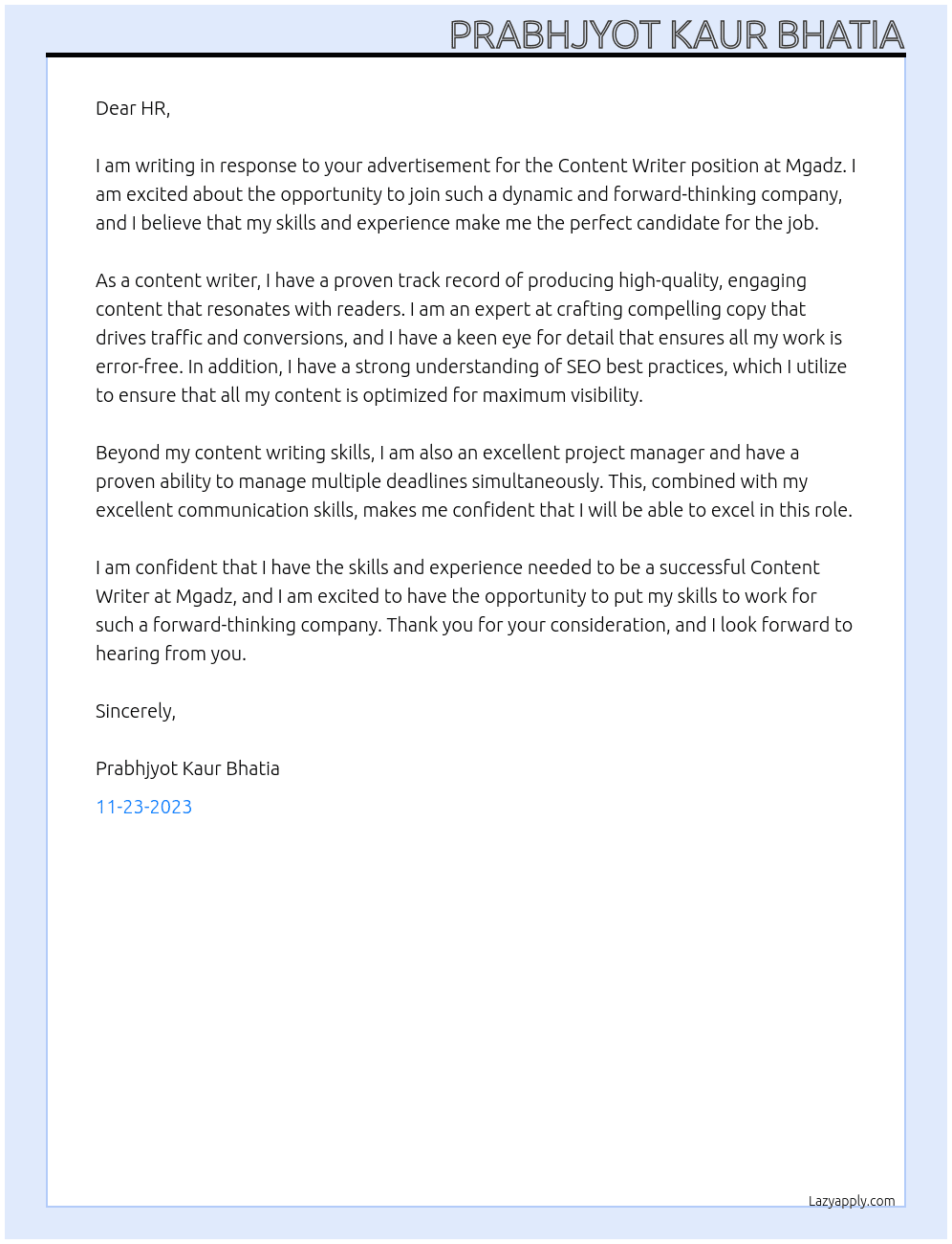 Content Writer At Mgadz Cover Letter