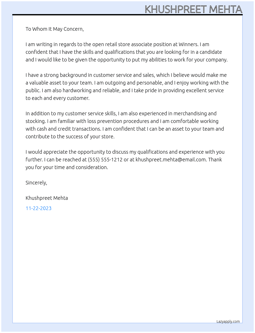 Retail store associate At Winners Cover Letter
