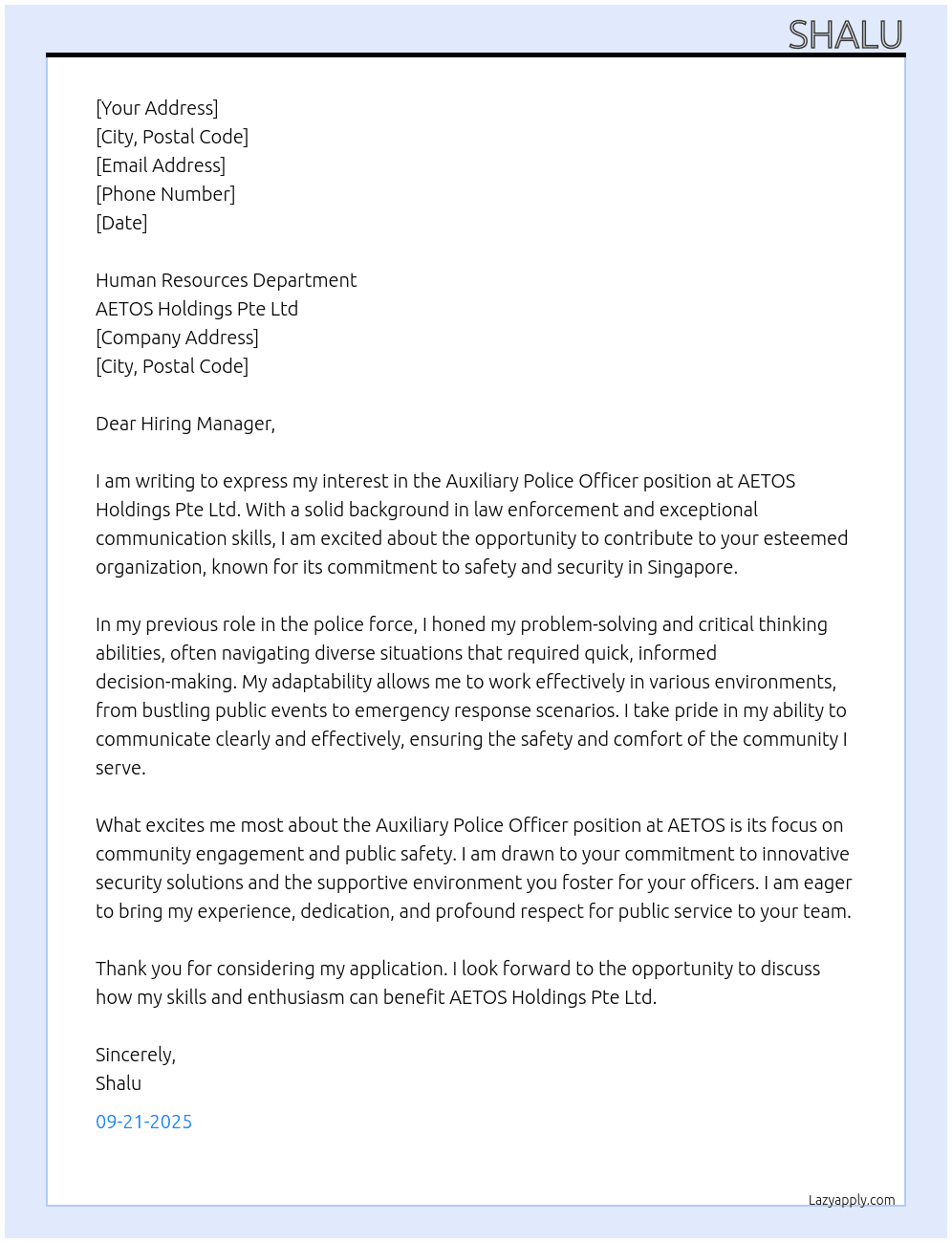 An auxiliary police officer At AETOS Holdings Pte Ltd Cover Letter
