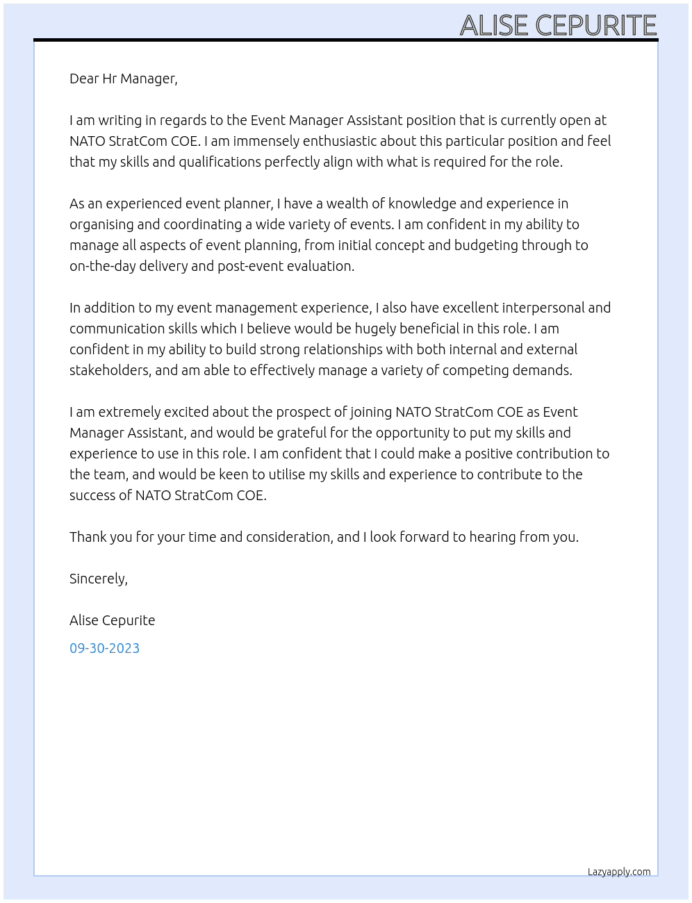 Event Manager Assistant At NATO StratCom COE Cover Letter