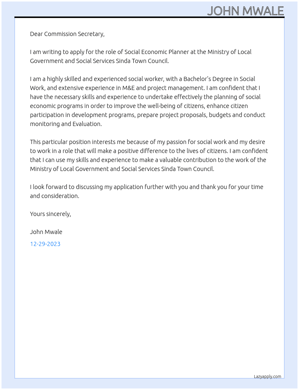 Social Economic Planner  At Ministry of Local Government and Social Services Sinda Town Council  Cover Letter