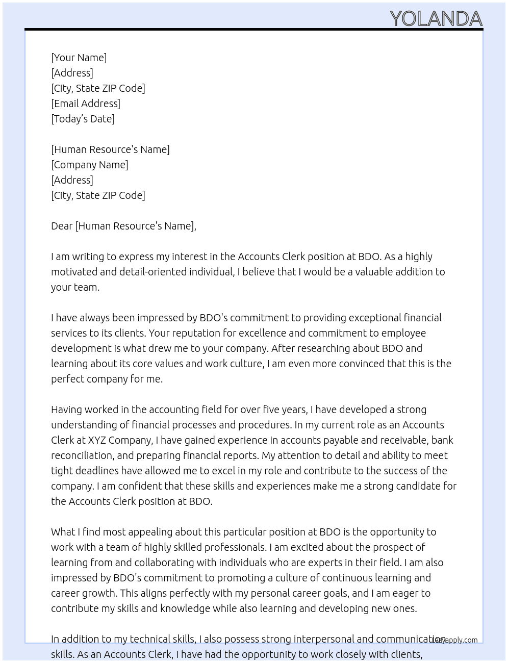 accounts clerk At bdo Cover Letter
