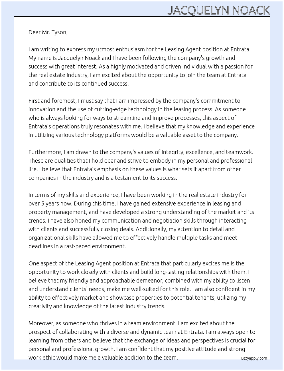 Leasing Agent At Entrata Cover Letter