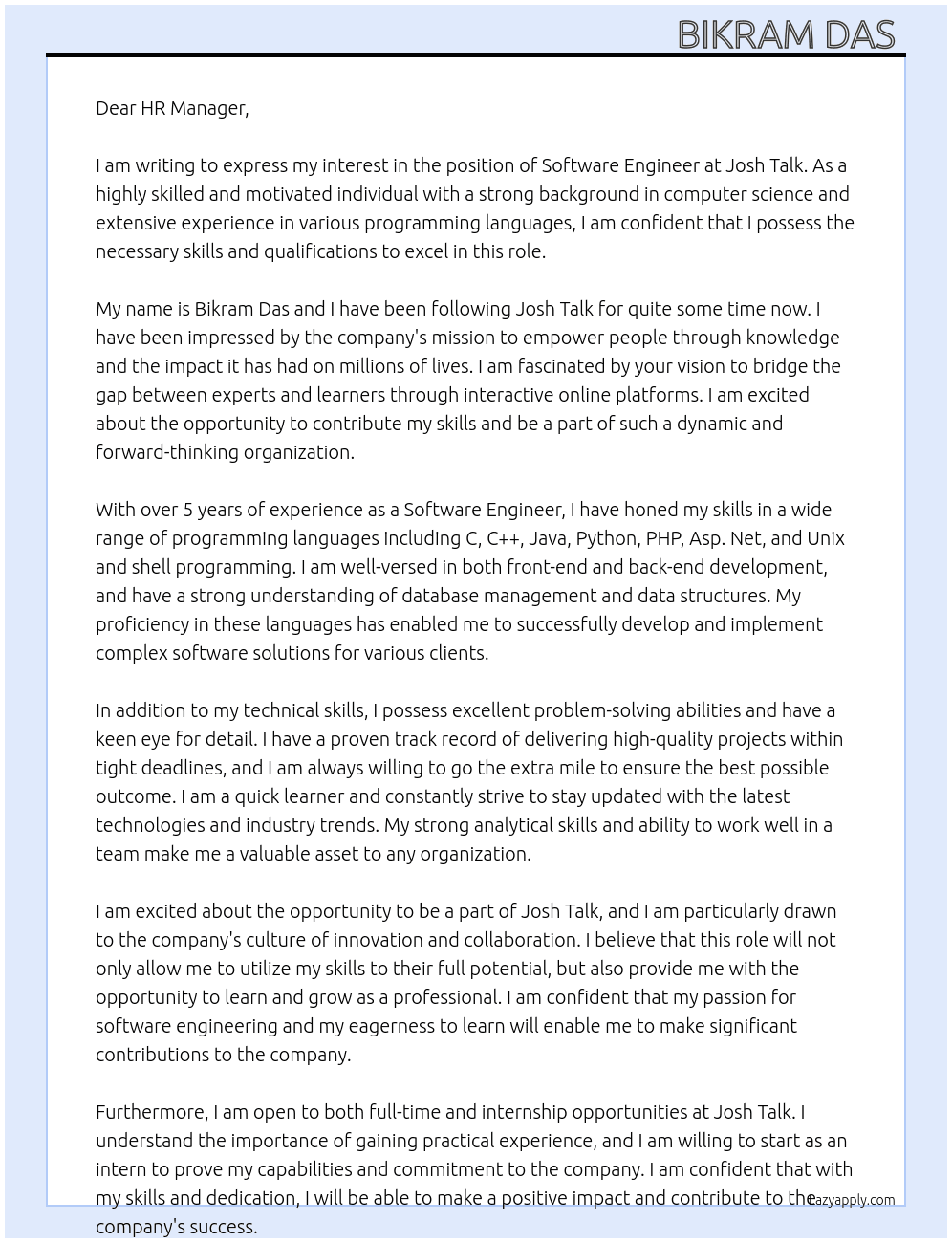 Software engineer  At Josh Talk Cover Letter