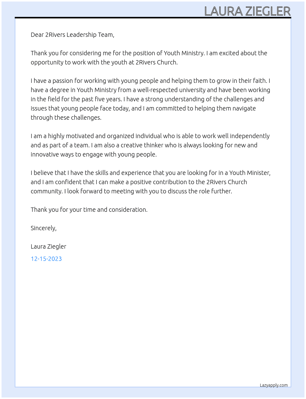 Youth Ministry At 2Rivers Church Cover Letter