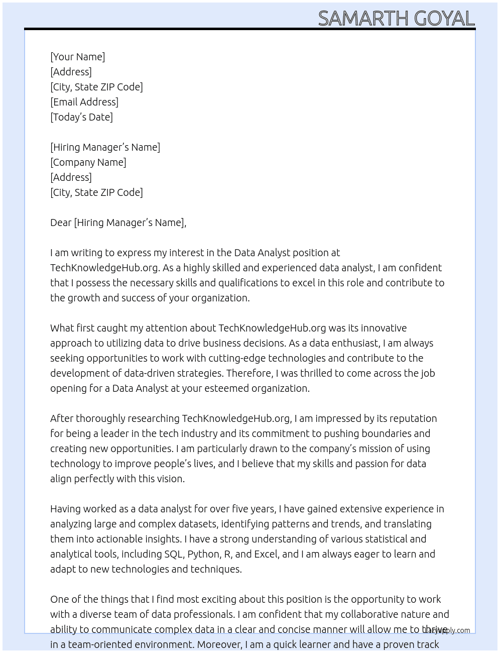 Data Analyst At TechKnowledgeHub.org Cover Letter