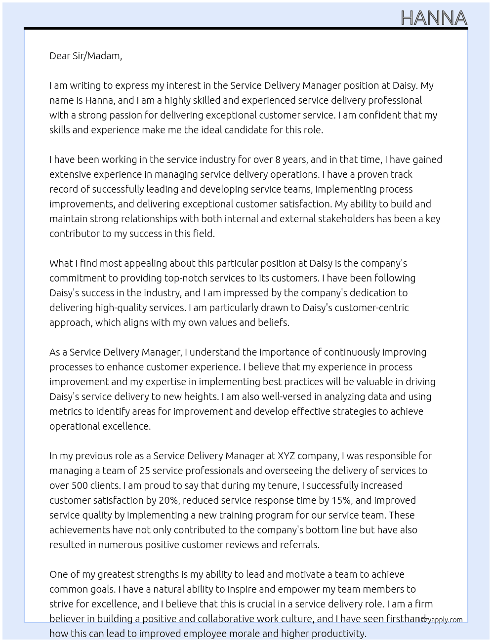Service Delivery Manager At Daisy Cover Letter