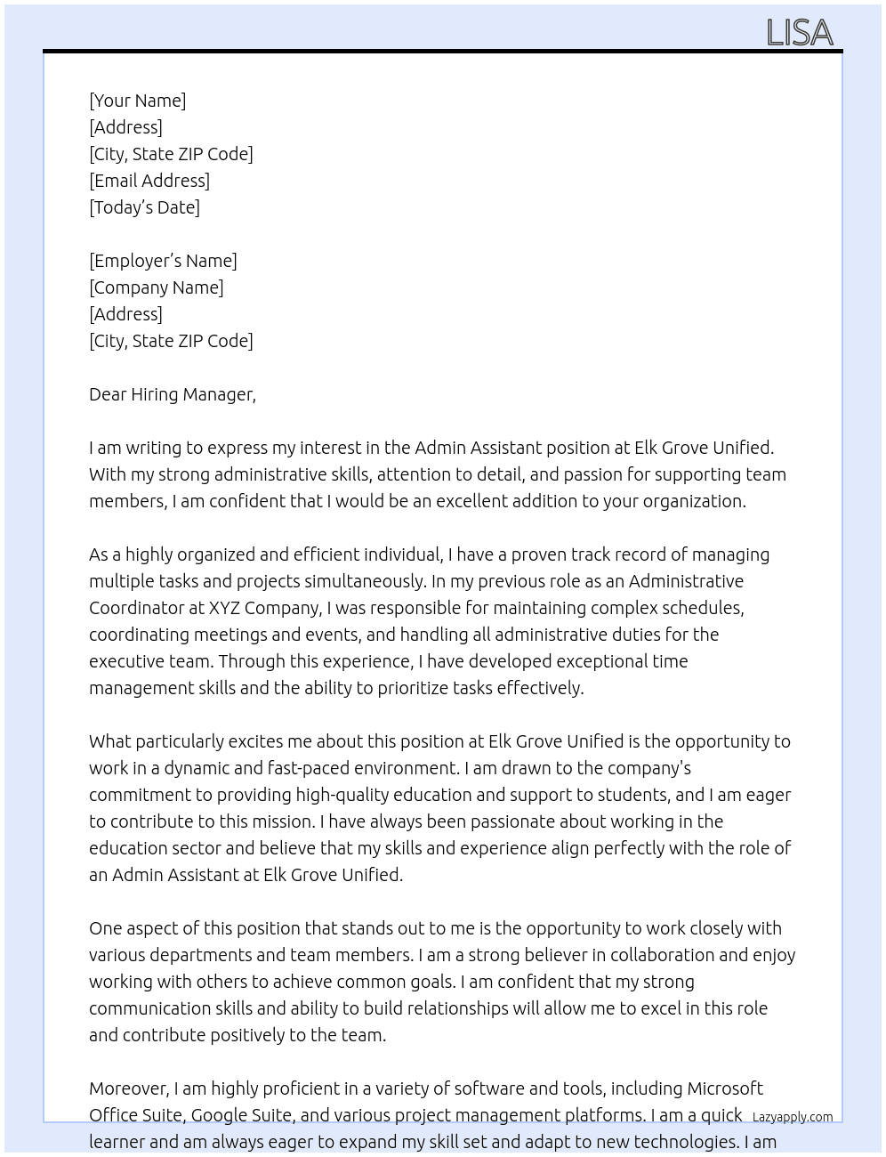 Admin Assistant At Elk Grove Unified Cover Letter