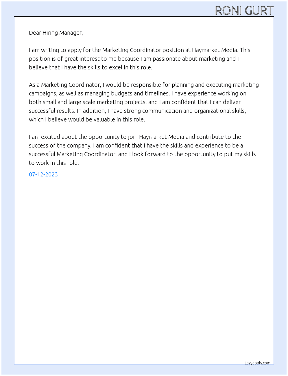 Marketing Coordinator At Haymarket Media Cover Letter