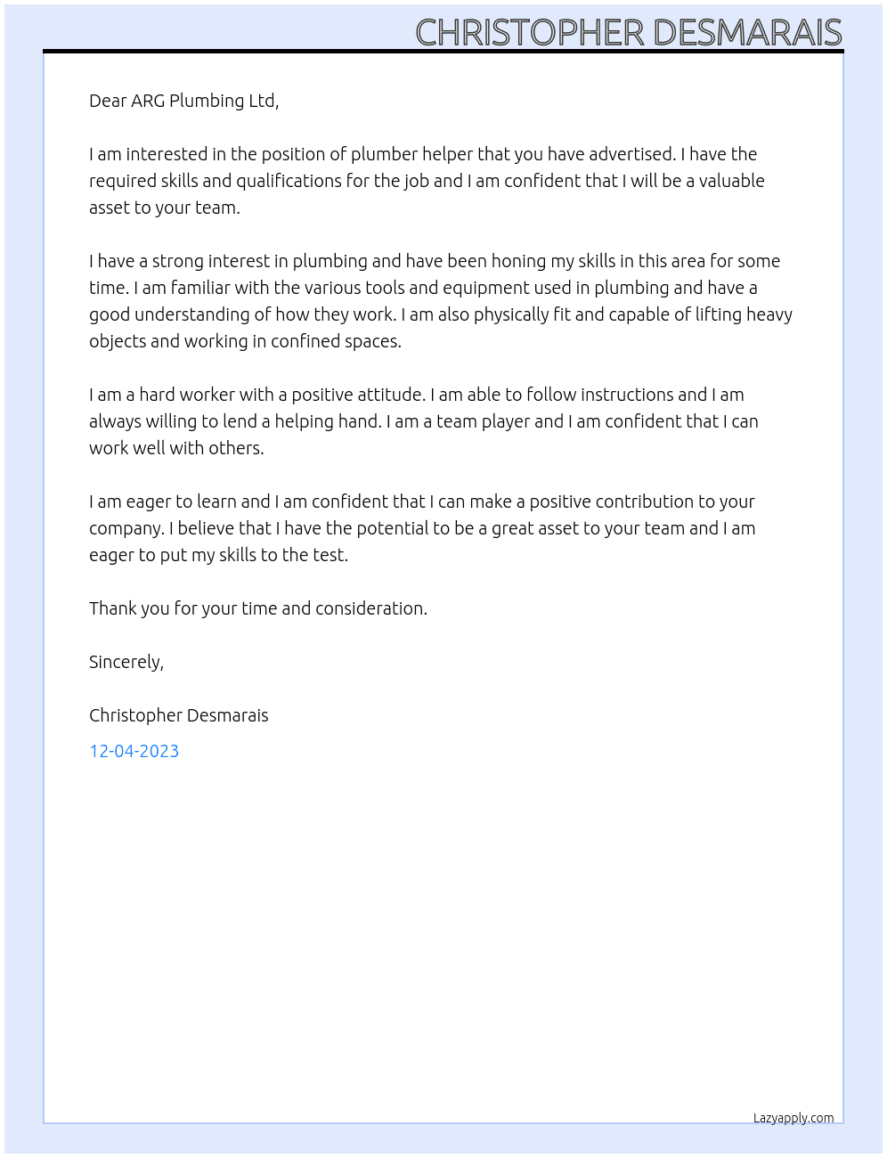 Plumber helper At ARG Plumbing Ltd Cover Letter