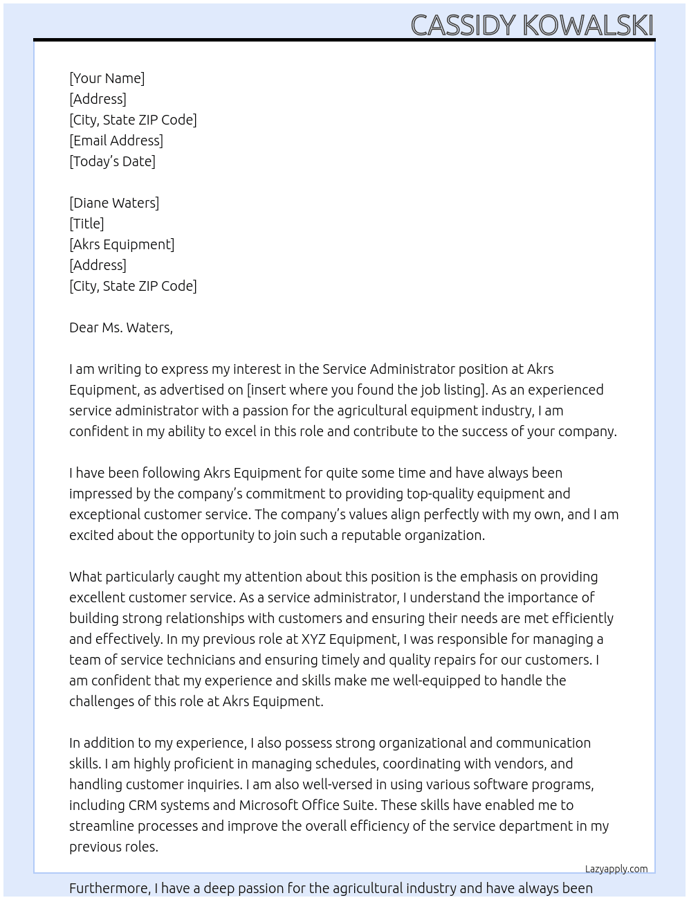 Service Administrator  At Akrs Equipment  Cover Letter