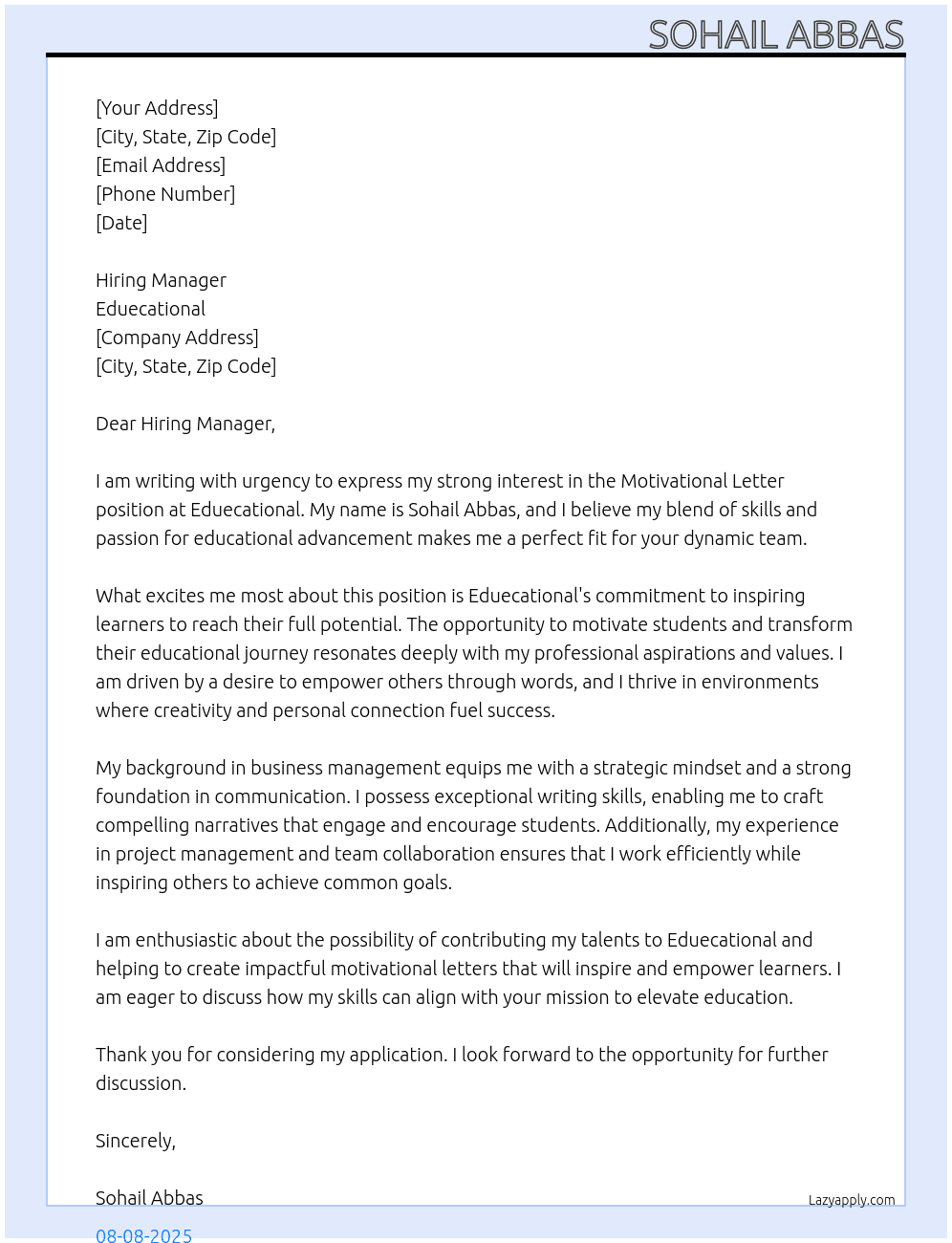 Motivational latter At Eduecational Cover Letter
