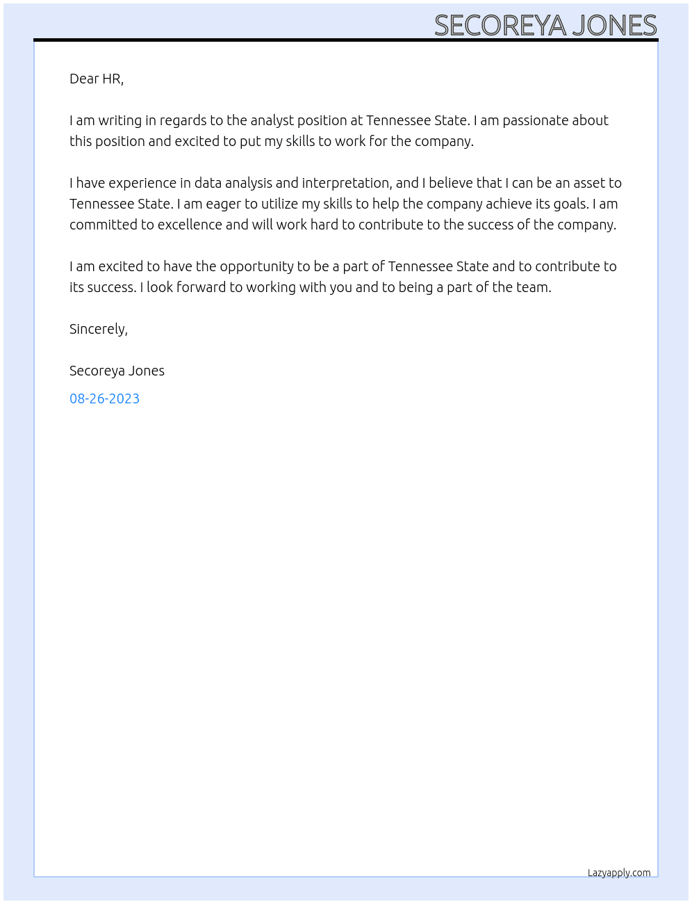analyst At Tennessee State  Cover Letter