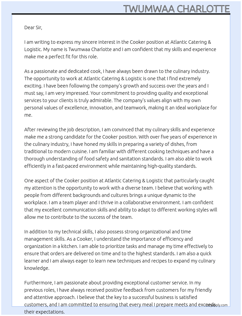 COOKER At ATLANTIC CATERING & LOGISTIC Cover Letter