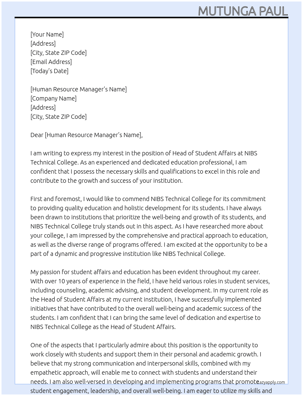 head of student affairs At NIBS Technical College Cover Letter