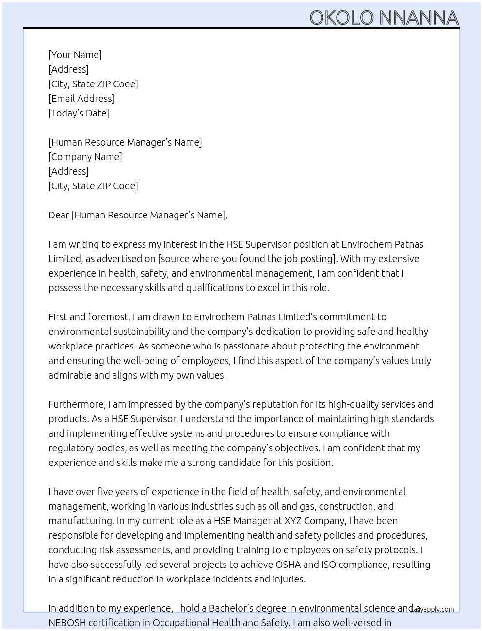 HSE Supervisor At Envirochem Patnas Limited Cover Letter