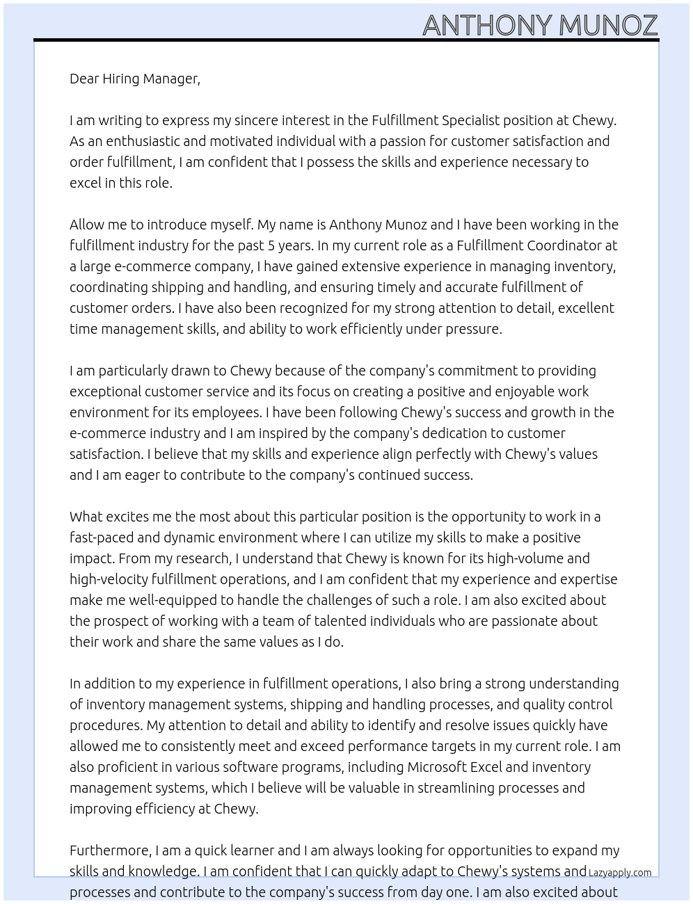 Fulfillment Specialist At Chewy Cover Letter