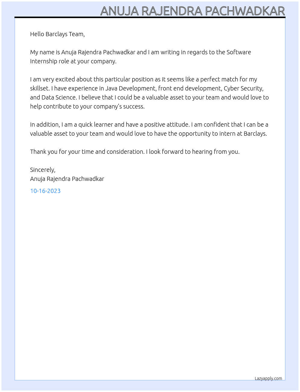 Software Internship At Barclays Cover Letter
