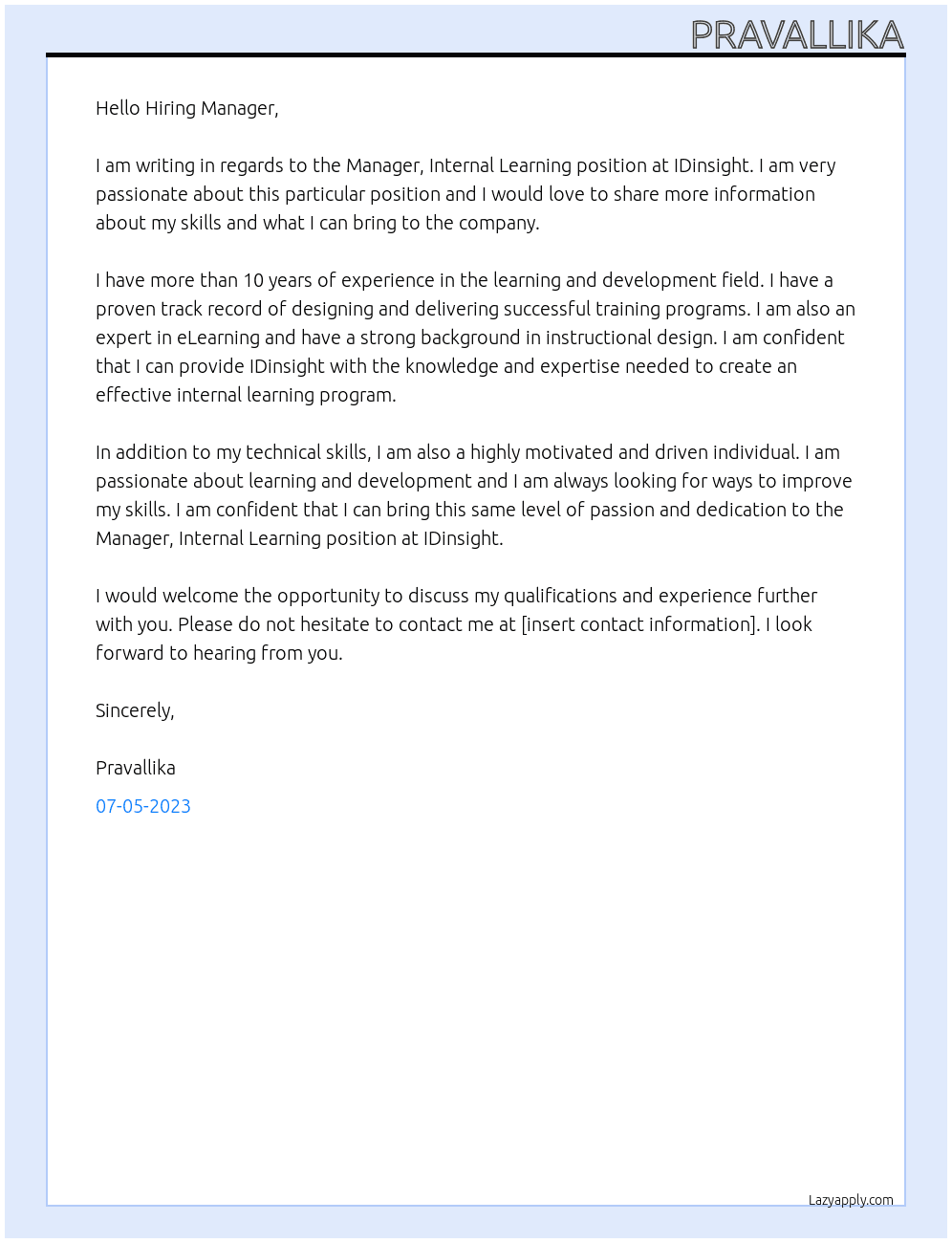 Manager, Internal Learning At IDinsight Cover Letter