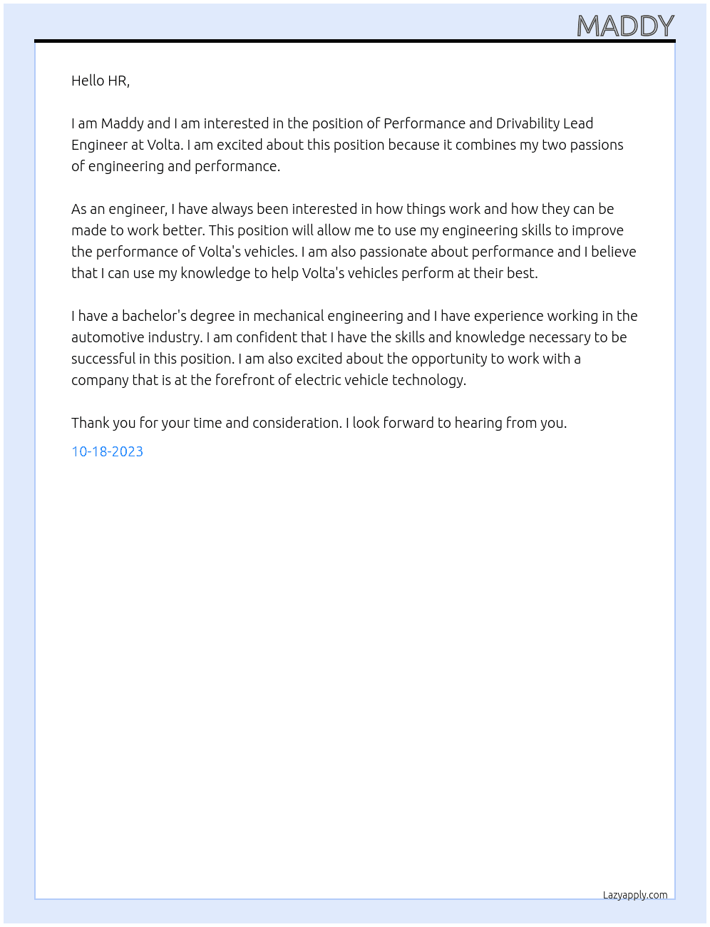 Performance and Drivability Lead Engineer At Volta Cover Letter
