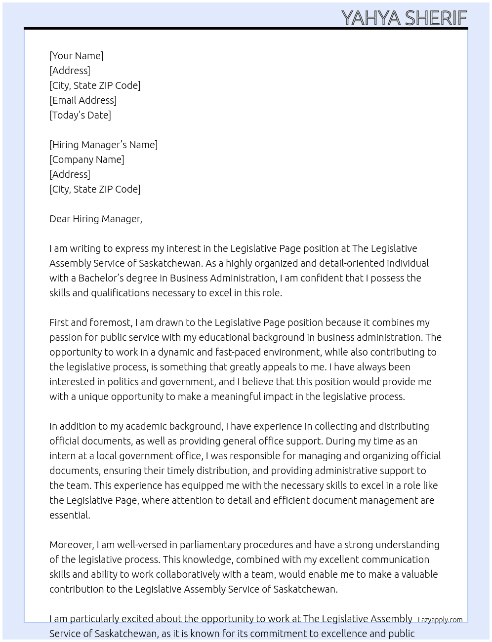 Legislative Page At The Legislative Assembly Service of Saskatchewan Cover Letter