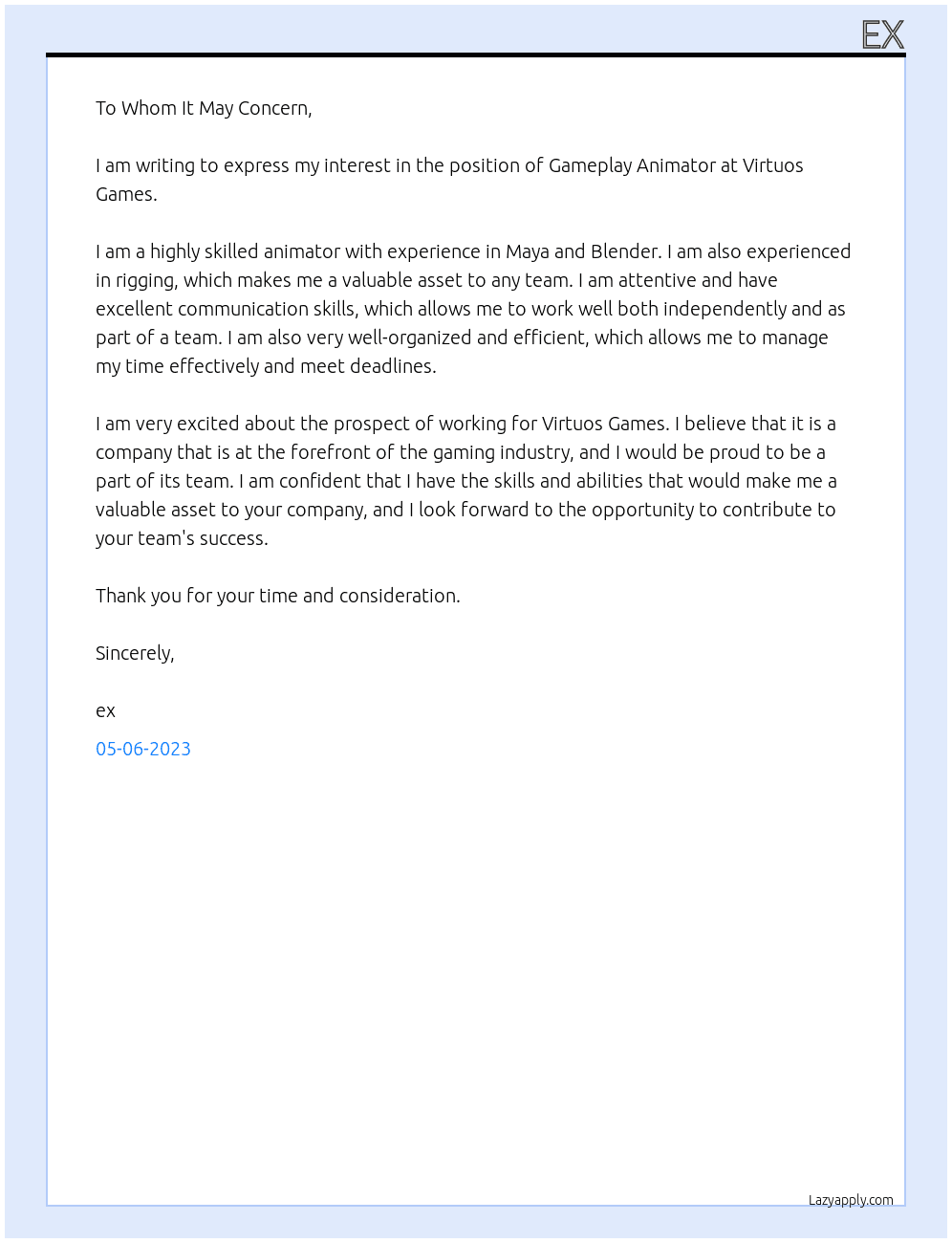 Gameplay Animator At Virtuos Games Cover Letter