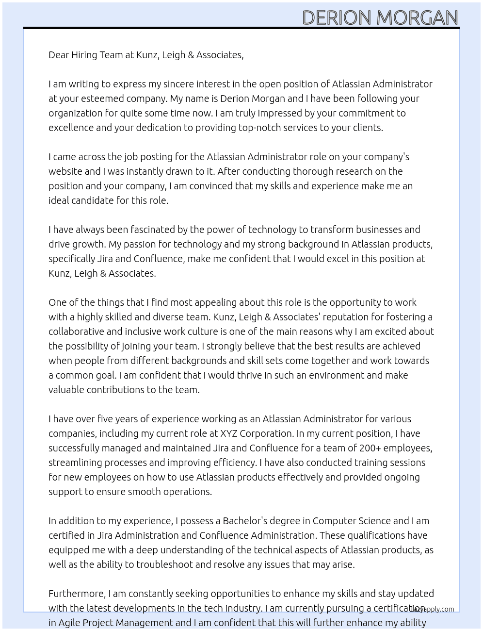 Atlassian Administrator At Kunz, Leigh & Associates Cover Letter