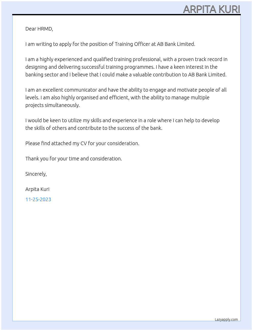 Training Officer At AB Bank Limited Cover Letter