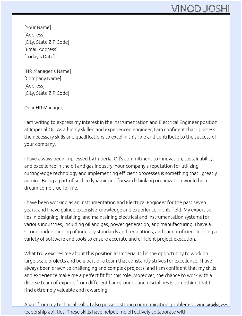 Instrumentation and Electrical Engineer At Imperial Oil Cover Letter