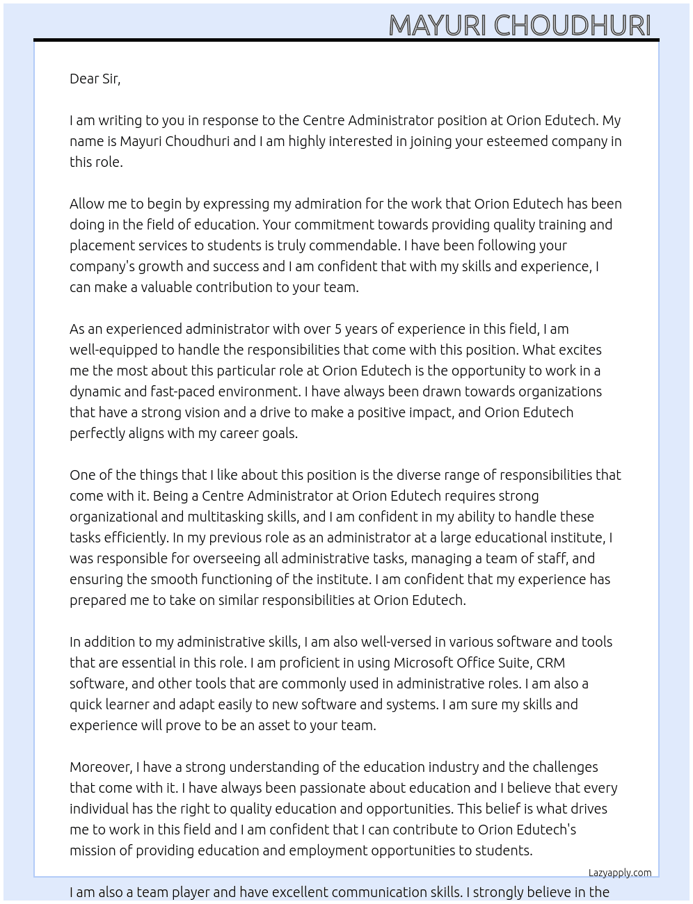 Centre administrator At Orion Edutech Cover Letter