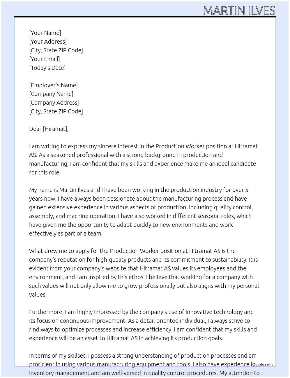 Production worker At Hitramat AS  Cover Letter