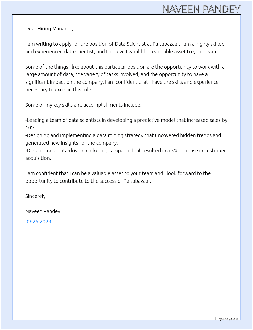 Data Scientist At Paisabazaar Cover Letter
