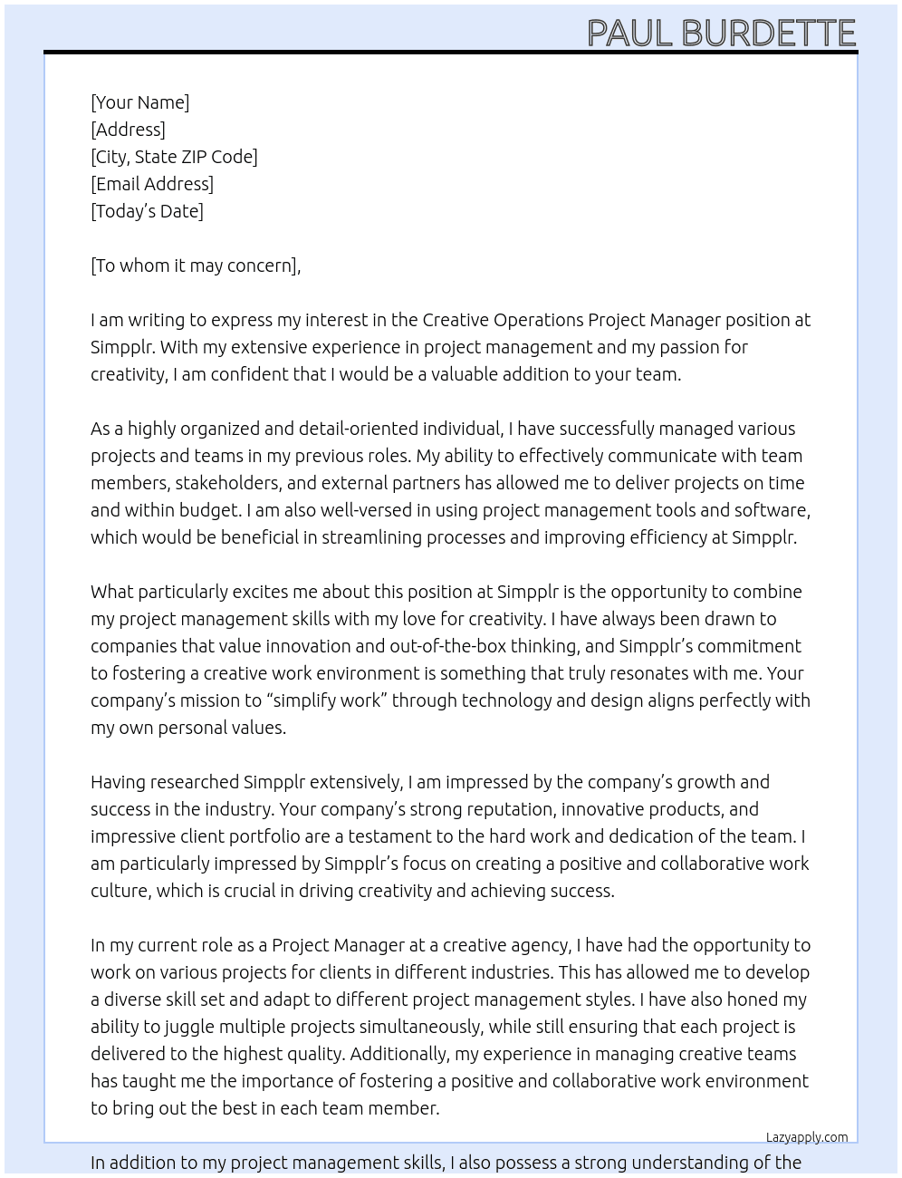 Creative Operations Project Manager At Simpplr Cover Letter