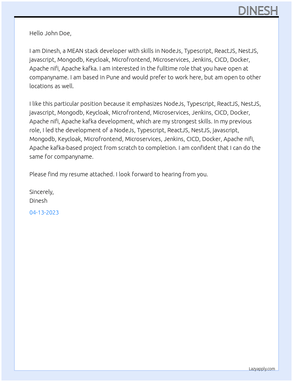 MEAN stack developer At companyname Cover Letter