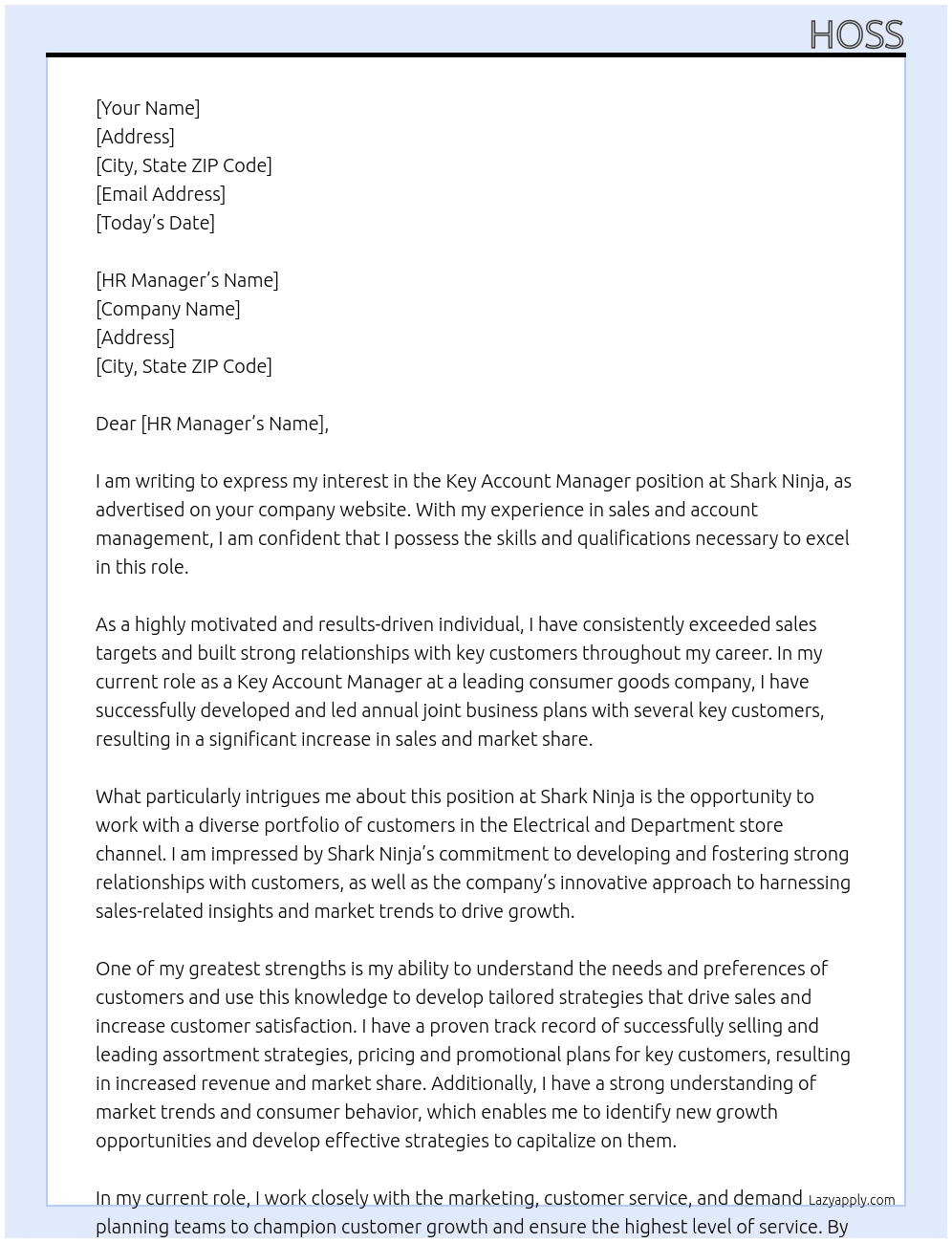 Key Account Manager At Shark Ninja Cover Letter