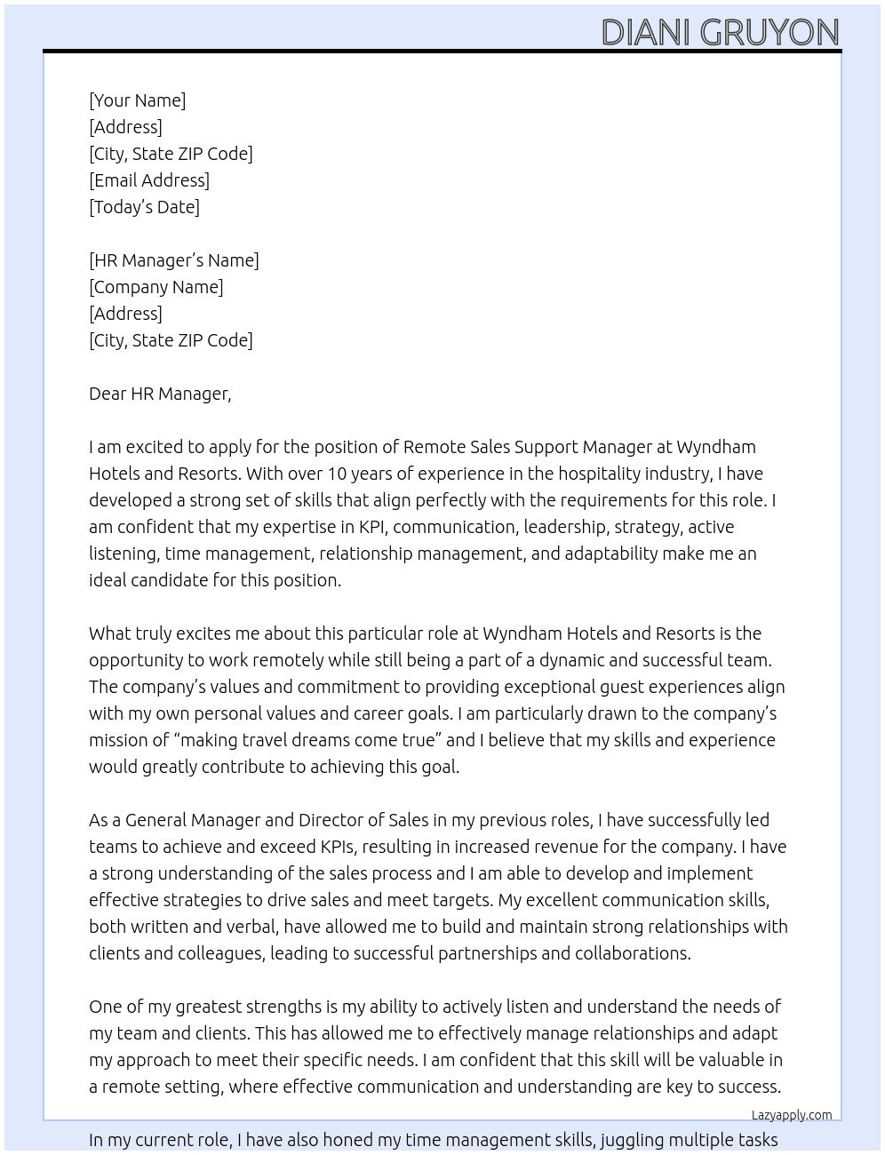 remote sales support manager At Wyndham Hotels and Resorts Cover Letter