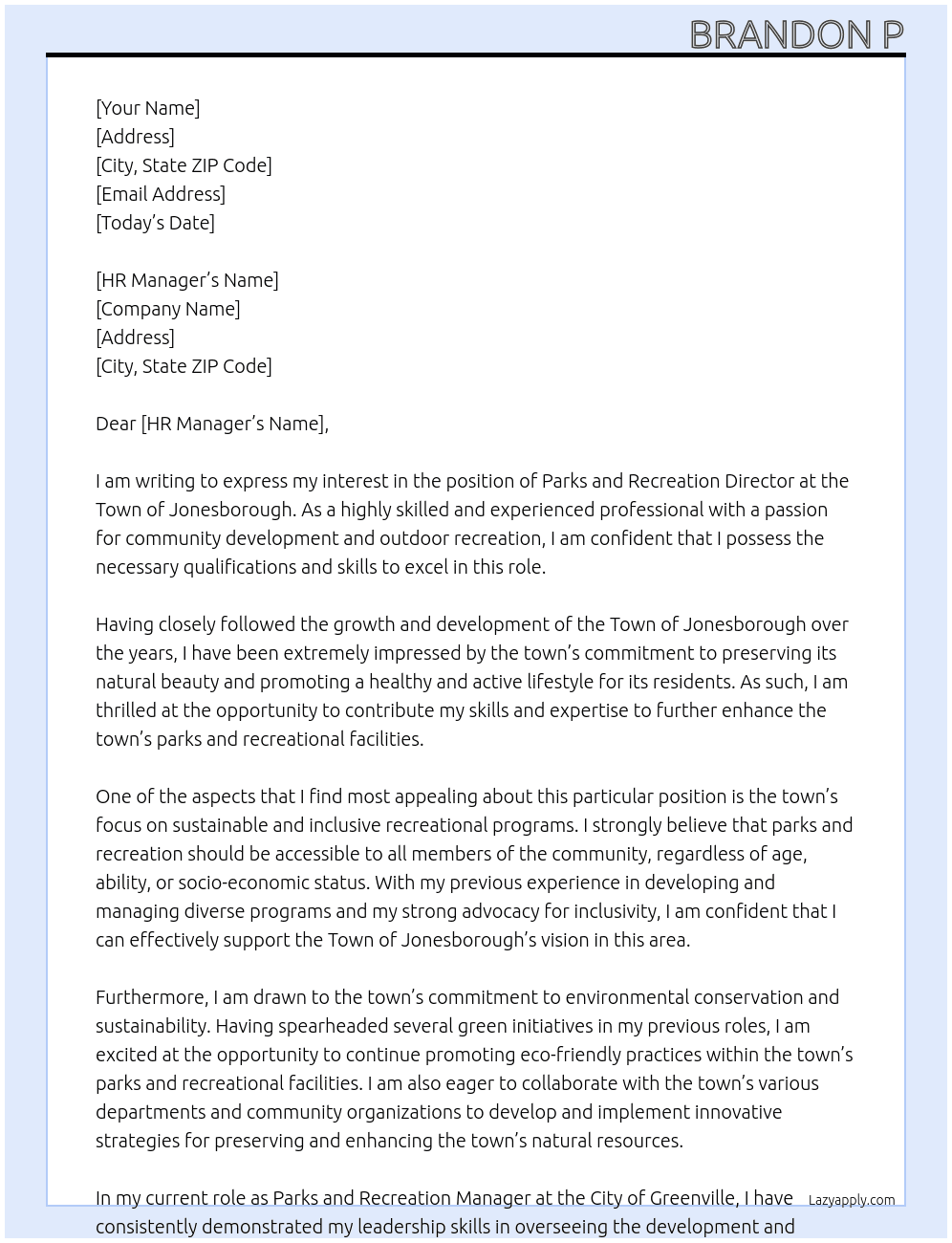 Parks and Recreation Director At Town of Jonesborough Cover Letter