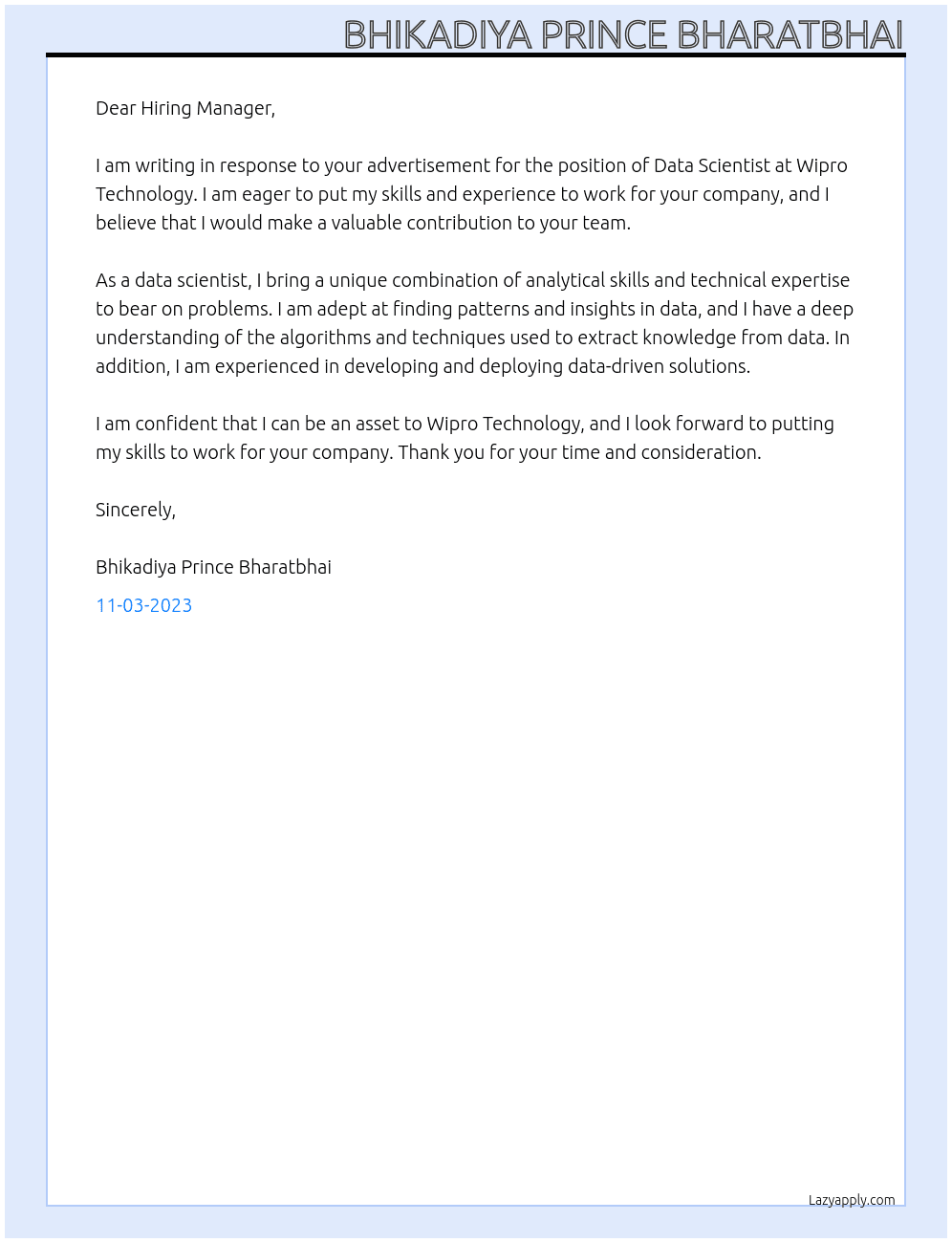 Data Scientist At Wipro Technology Cover Letter