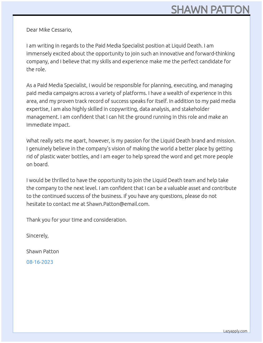 Paid Media Specialist At Liquid Death  Cover Letter