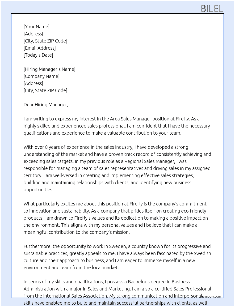 Area sales manager  At Firefly Cover Letter
