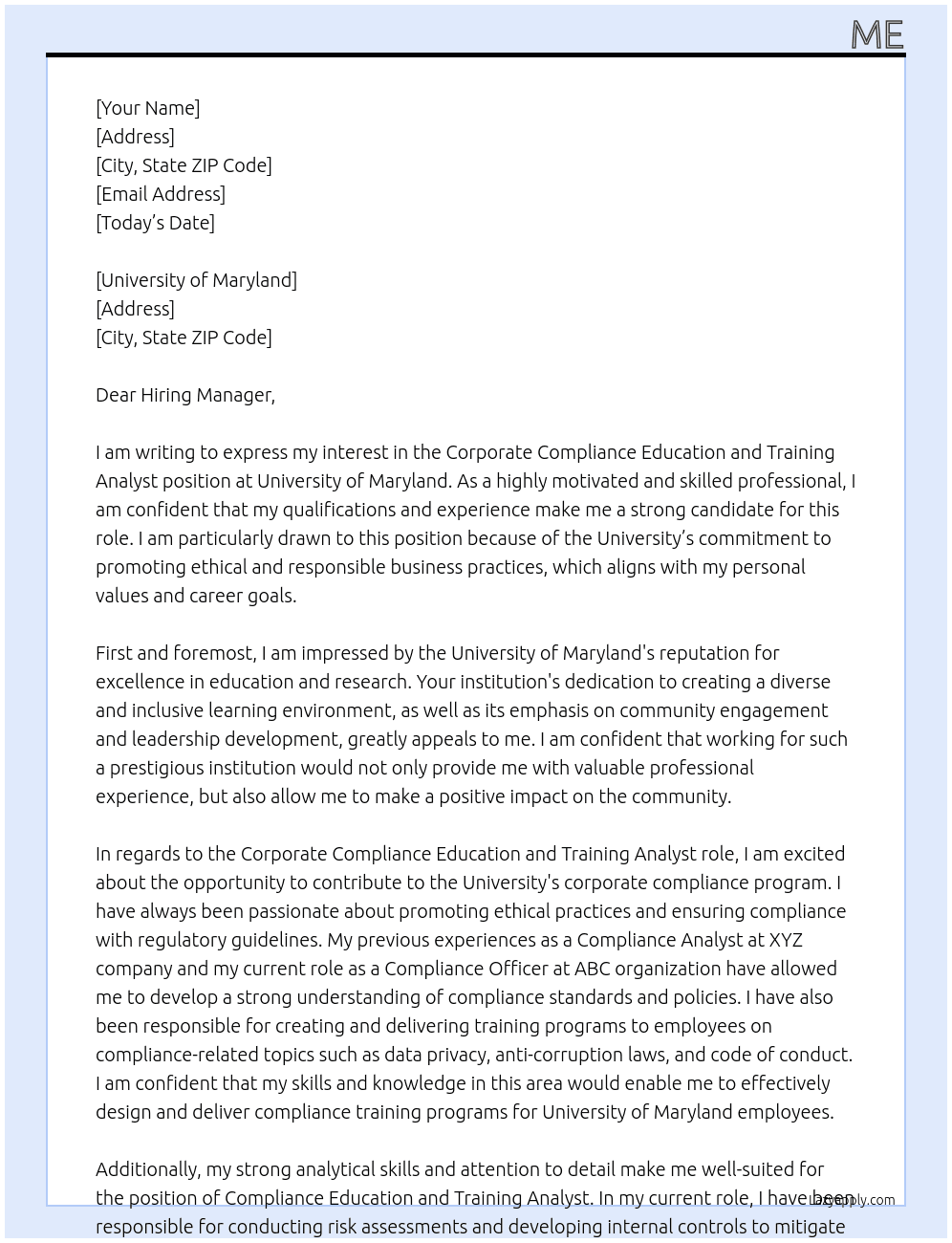 Corporate Compliance Education and Training Analyst At University of Maryland Cover Letter