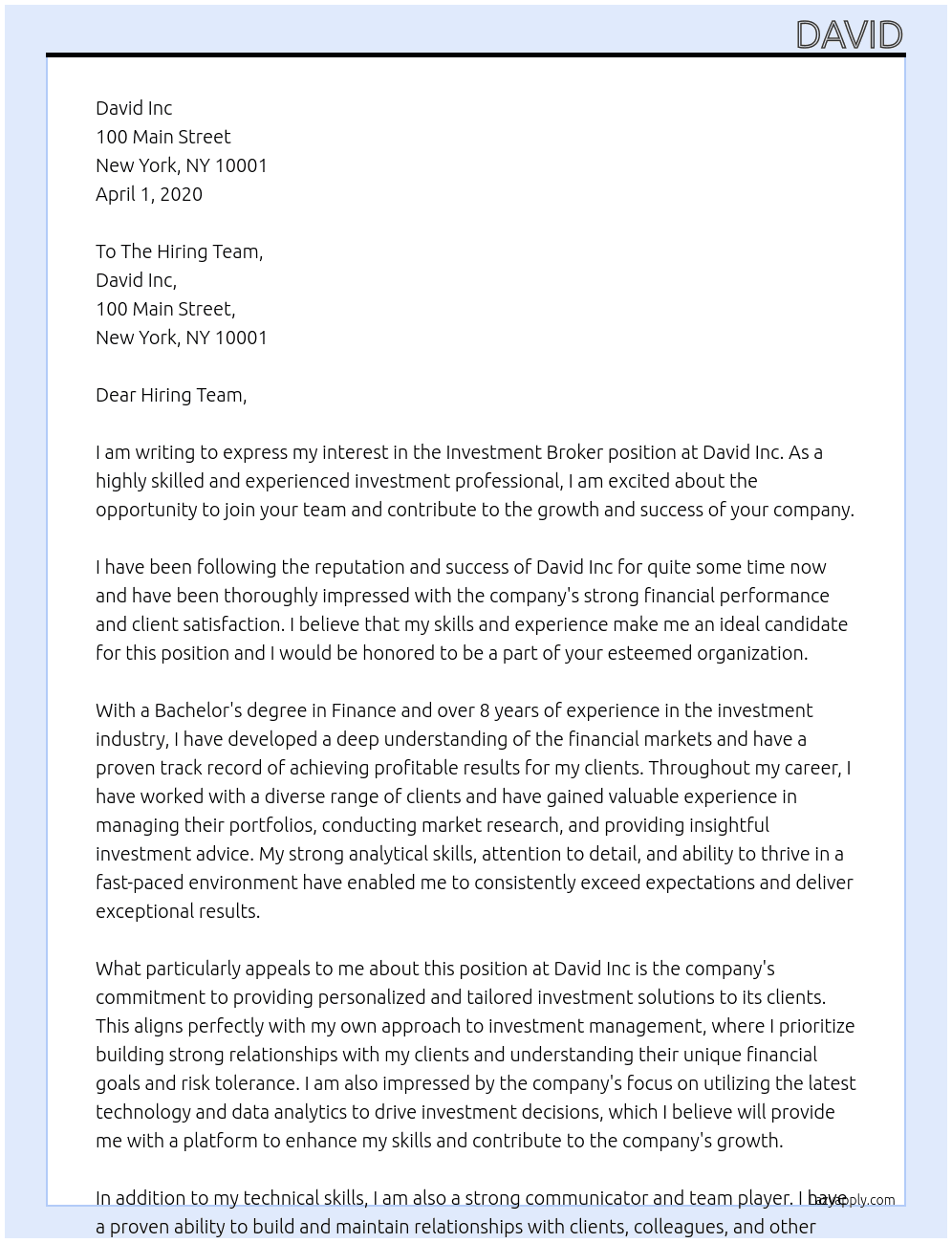 investment Broker At David Inc Cover Letter