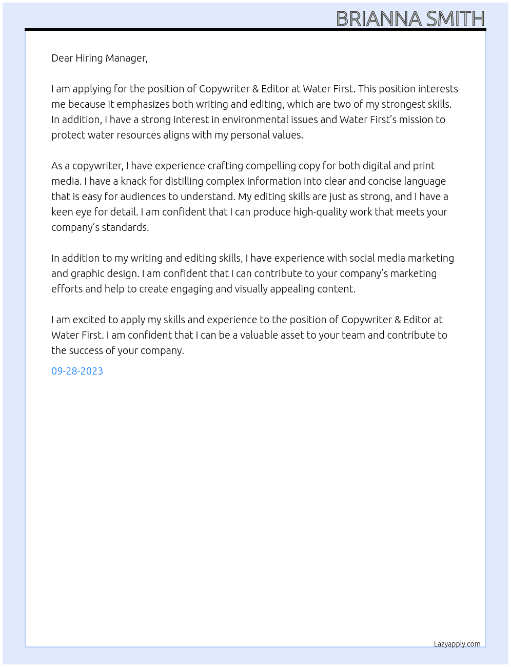 Copywriter & Editor At Water First Cover Letter