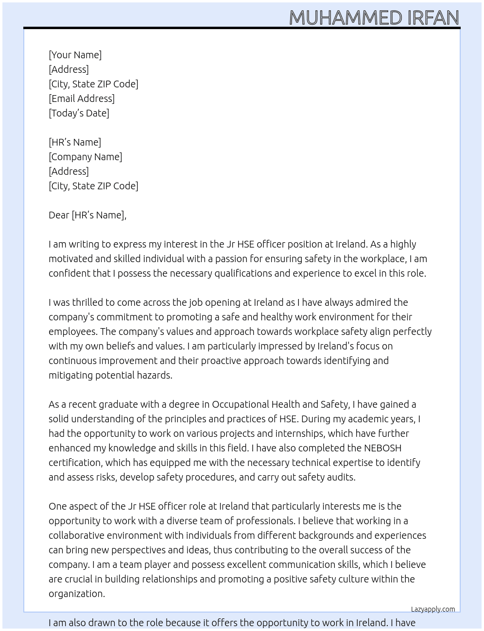 Jr HSE officer  At Ireland  Cover Letter