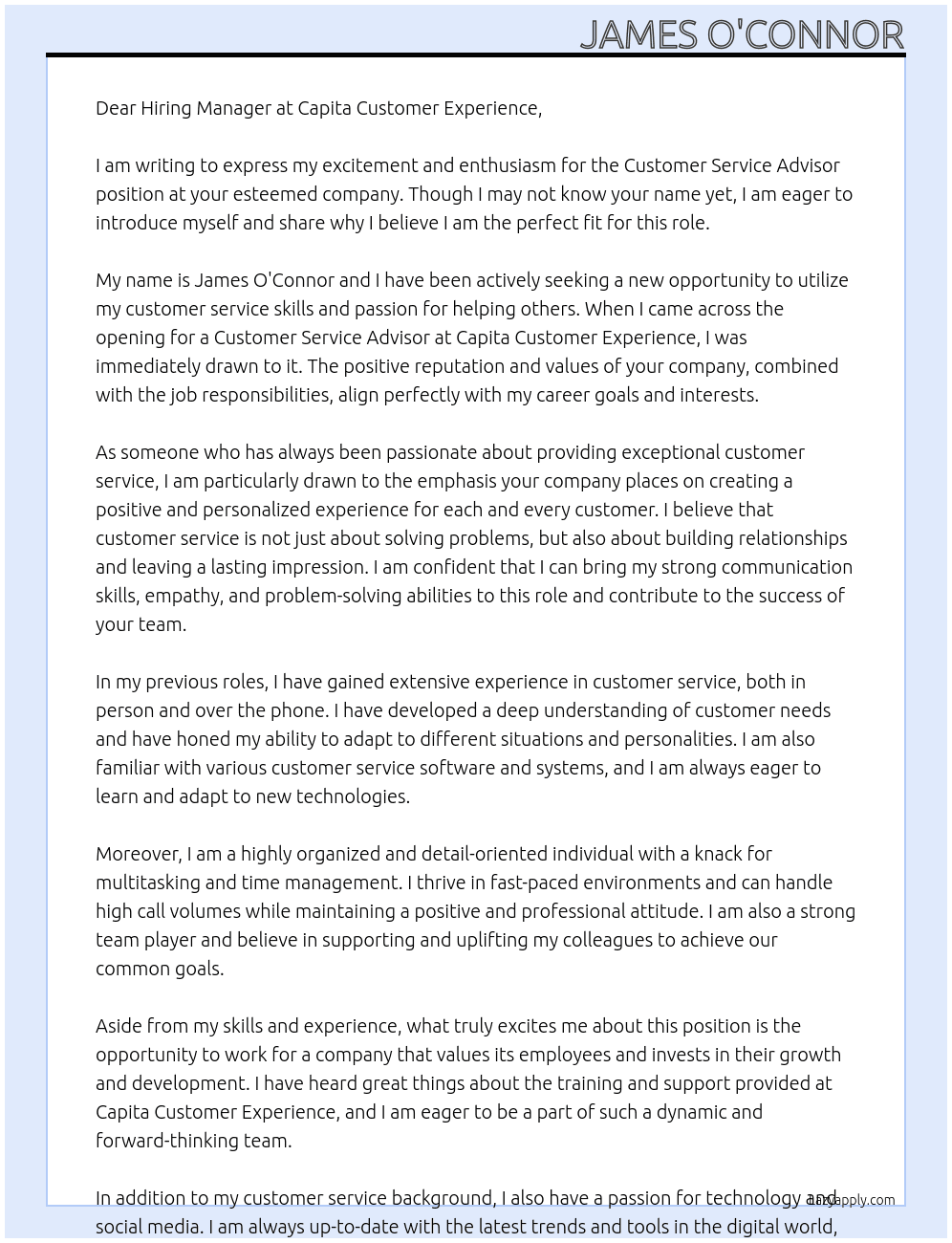 Customer Service Advisor At Capita Customer Experience Cover Letter