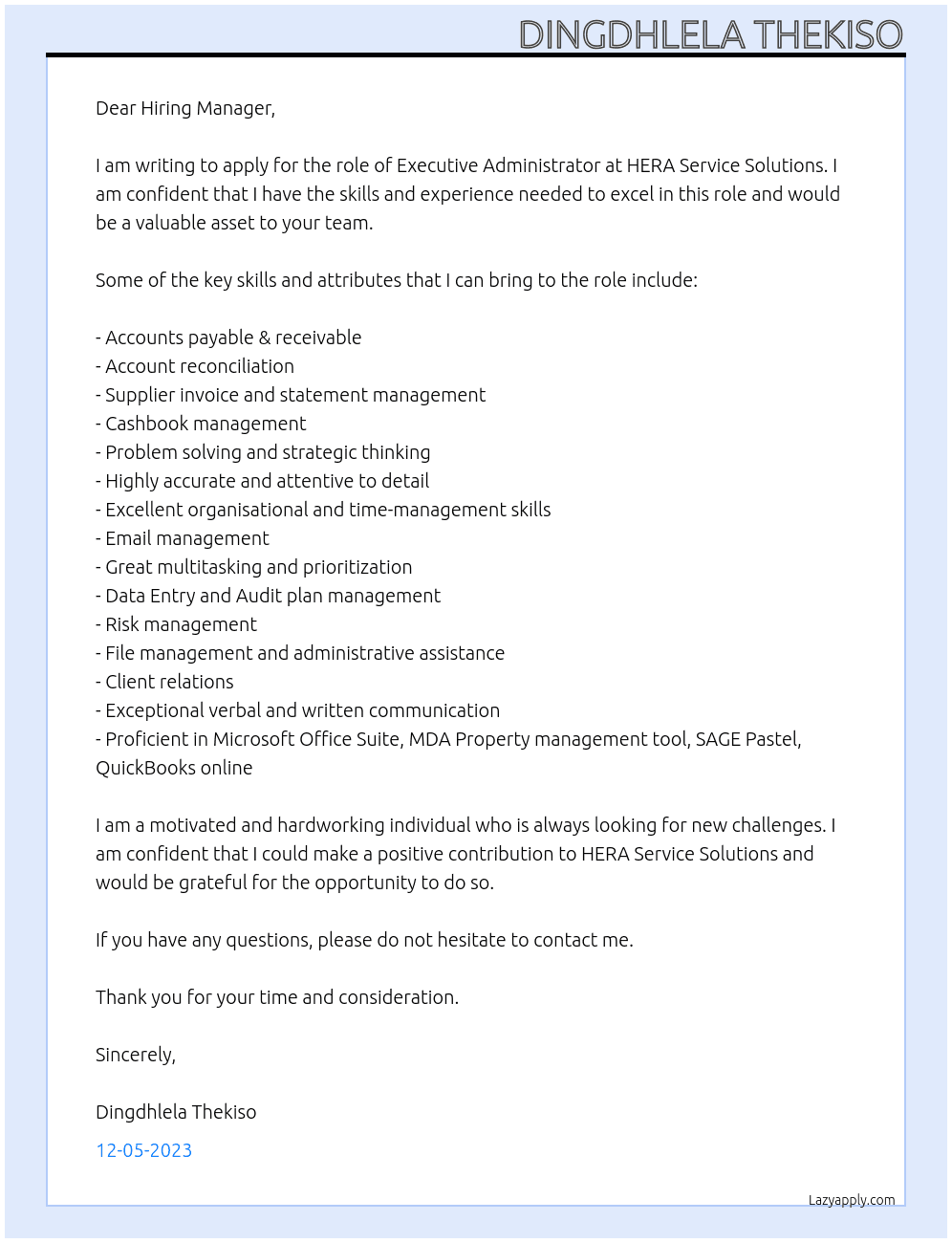 Executive Administrator At HERA Service Solutions Cover Letter